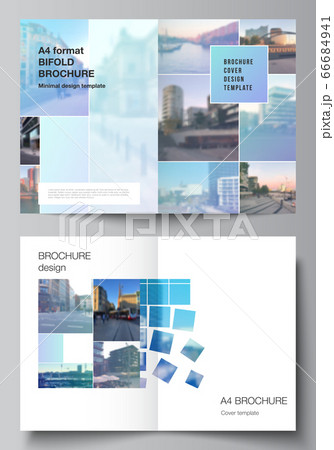 Vector layout of two A4 format cover mockups templates for bifold brochure, flyer, magazine, cover design, book design, brochure cover. Abstract design project in geometric style with blue squares 66684941