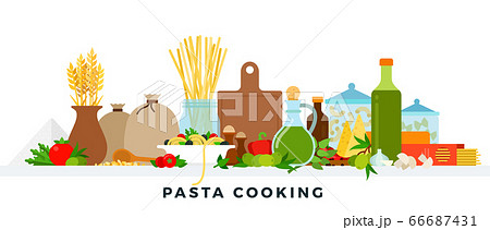Pasta cooking. Vector flat illustrations. Products for cooking pasta. Italian cuisine concept. 66687431