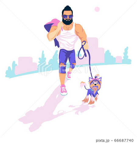 Bearded guy walk the dog 66687740