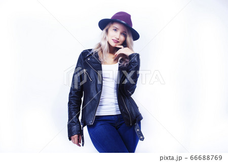 young pretty blond girl hipster in hat posing smiling happy isolated on white background, lifestyle people concept young pretty blond girl hipster in hat posing smiling happy isolated on white background, lifestyle people concept 66688769