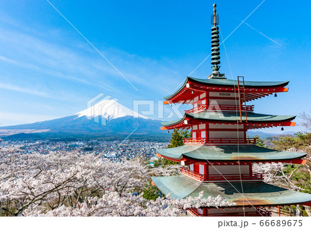 新倉山浅間公園忠霊塔と桜と富士山 新倉山浅間公園忠霊塔と桜と富士山 66689675