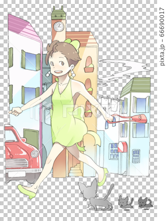 ヨーロッパ風の街並みをショッピングで歩く女性 66690017