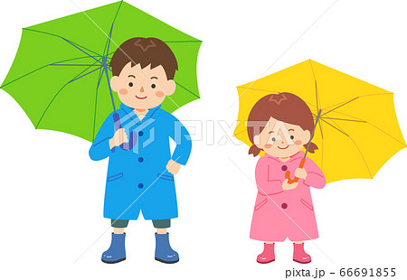並んで傘をさす兄妹のイラスト素材