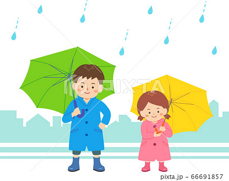 傘をさして雨の町へ出かける兄妹のイラスト素材