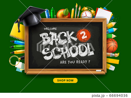 Back To School Horizontal Sale Banner With School Supplies And Chalk Lettering Back To School Horizontal Sale Banner With School Supplies And Chalk Lettering 66694036