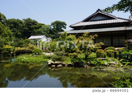 山口県 下関市 長府庭園の池と書院 66694501