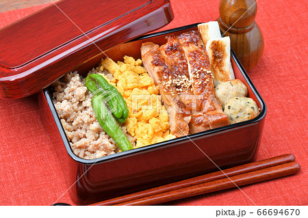 焼鳥丼、焼き鳥重、鶏肉3色丼、テリヤキ重。鶏挽肉そぼろ、玉子そぼろ、鶏もも肉照焼き、つくね、ネギ。 66694670