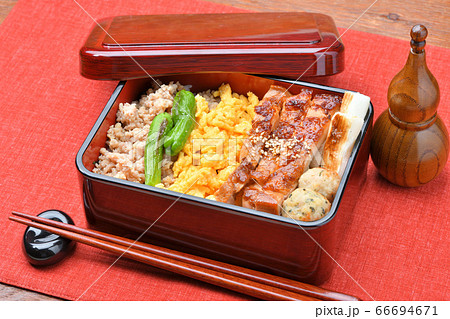 焼鳥丼、焼き鳥重、鶏肉3色丼、テリヤキ重。鶏挽肉そぼろ、玉子そぼろ、鶏もも肉照焼き、つくね、ネギ。 焼鳥丼、焼き鳥重、鶏肉3色丼、テリヤキ重。鶏挽肉そぼろ、玉子そぼろ、鶏もも肉照焼き、つくね、ネギ。 66694671