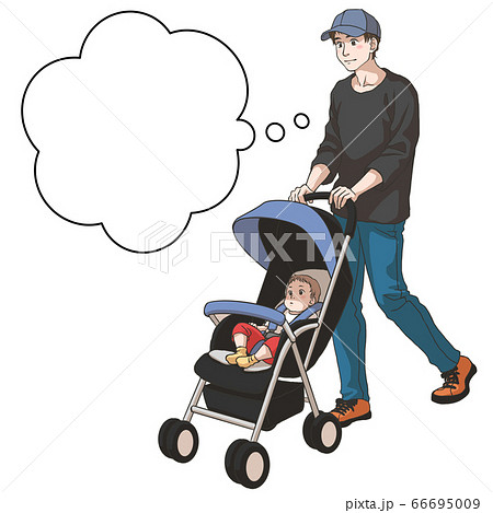 ベビーカーを押して歩く父親のイラスト素材