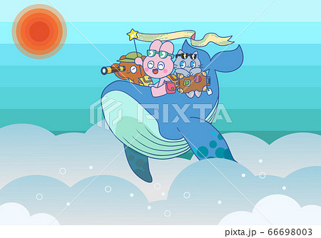 空の上をクジラに乗って飛ぶウサギとクマとネコの背景イラストのイラスト素材
