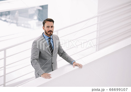 Male intelligent CEO is waiting business partners in hallway his company Male intelligent CEO is waiting business partners in hallway his company 66699107