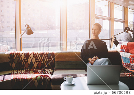 Beautiful female keyboarding on portable net-book while relaxing in coffee shop during free time 66700598