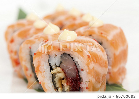 Original sushi roll fusion with various fillings. 66700685