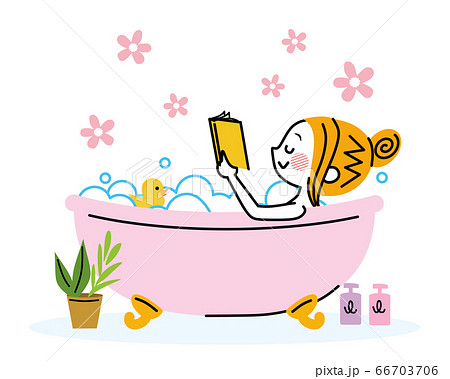 お風呂で読書する女性のイラスト素材