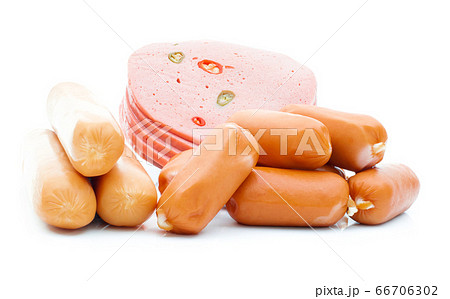 Fresh sausages on white background. Fresh sausages on white background. 66706302