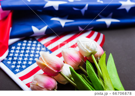 Happy Memorial Day, American flag and a Tulip 66706878