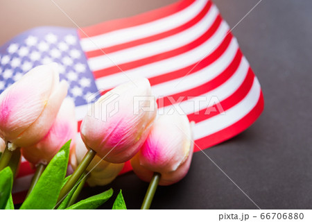 Happy Memorial Day, American flag and a Tulip 66706880