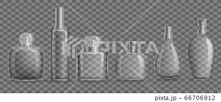 Glass bottles with perfumes mockup set. Stylish realistic templates transparent packaging for gel perfume. 66706912