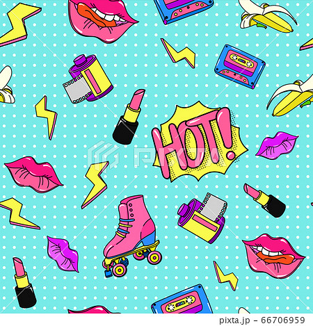 Style 90s pop pattern. Seamless retro color music cassette lightning bright lipstick red reel film. 66706959