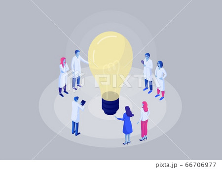 Scientific breakthrough in biochemical laboratory isometric concept. Group scientists are developing new idea. 66706977