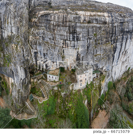 Aerial view of the Grotto of Maria Magdalena in France, Plan D'Aups, the massif St.Baum, holy fragrance, famous place among religious believers, the Monastery of Dominican Friars Aerial view of the Grotto of Maria Magdalena in France, Plan D'Aups, the massif St.Baum, holy fragrance, famous place among religious believers, the Monastery of Dominican Friars 66715079