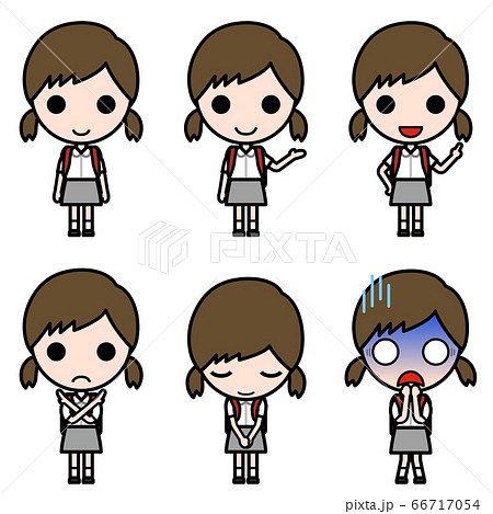 アイコン風人物 制服 夏服 を着た小学生の女の子の様々なポーズのイラスト素材