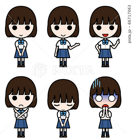 アイコン風人物 制服 夏服 を着た高校生の女の子の様々なポーズのイラスト素材