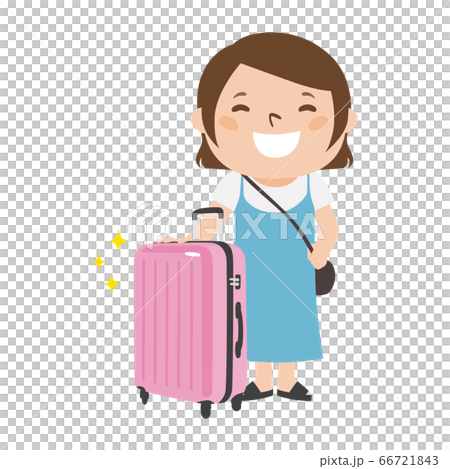 新品のスーツケースを持って旅行に行く笑顔の女性のイラスト のイラスト素材