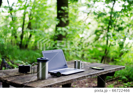 Computer Coffee Mug and Telephone on black wood Computer Coffee Mug and Telephone on black wood 66722466