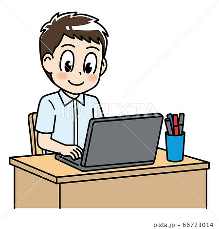 パソコンで勉強する男子学生のイラスト素材