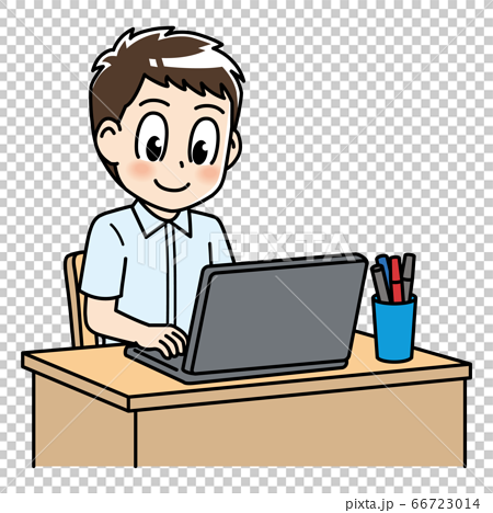 パソコンで勉強する男子学生のイラスト素材