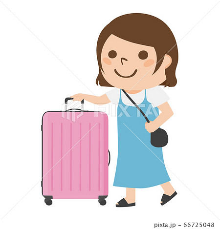 ピンク色の大きなスーツケースを持って旅行に行く若い女性のイラスト のイラスト素材
