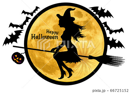 イラストと一体化したハロウィンロゴ 英字 満月と空飛ぶ魔女 ハッピーハロウィーンのイラスト素材