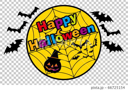 イラストと一体化したハロウィンロゴ 英字 ロゴと蜘蛛の巣 ハッピーハロウィーンのイラスト素材