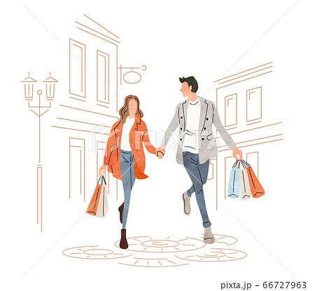 イラスト素材 ショッピング 買い物をするカップルのイラスト素材