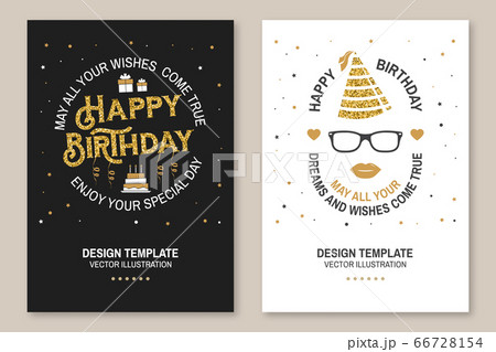 May all your wishes come true. Happy Birthday. Stamp, sticker, card with gifts and birthday cake with candles. Vector. Vintage typographic design for birthday celebration emblem in retro style 66728154