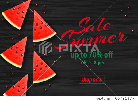 Summer Sale banner with Watermelon on Wooden Background Summer Sale banner with Watermelon on Wooden Background 66731377