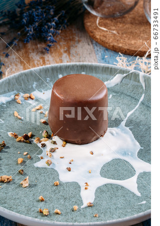 Gourmet chocolate dessert with nuts vanilla sauce 66733491