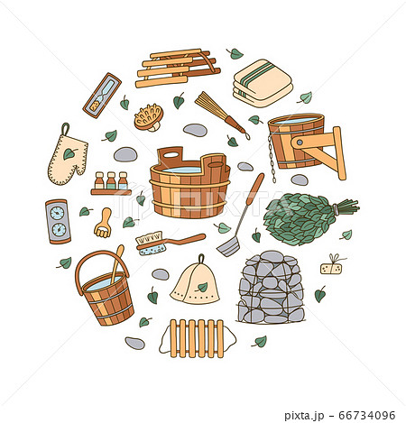 Set of hand drawn bathhouse and sauna accessories. Tub and birch broom, pot holder and hat, thermometer, massager and other. Vector illustration Set of hand drawn bathhouse and sauna accessories. Tub and birch broom, pot holder and hat, thermometer, massager and other. Vector illustration 66734096