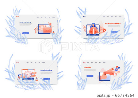 Flat cartoon icon set with email marketing business landing page template for concept design with characters. 66734564