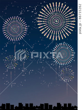 花火01 02 夜空に打ち上げ花火 下に街のシルエット のイラスト素材