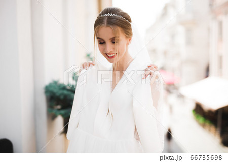 Gorgeous bride in robe posing and preparing for the wedding ceremony Gorgeous bride in robe posing and preparing for the wedding ceremony 66735698