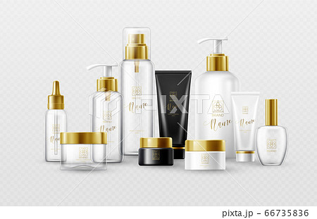 Set of mockup template white, black and glass cosmetic bottles with gold caps isolated on a white background. Real transparency effect. Vector illustration 66735836
