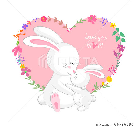 Cute cartoon mom and kid with heart and flower frame. 66736990