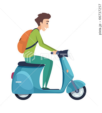 Young man on scooter. Student ride motorcycle, tourist with backpack drive motorcycle. Isolated student biker vector illustration 66737257