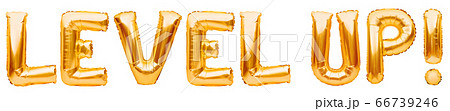 Words LEVEL UP made of golden inflatable balloons Words LEVEL UP made of golden inflatable balloons 66739246