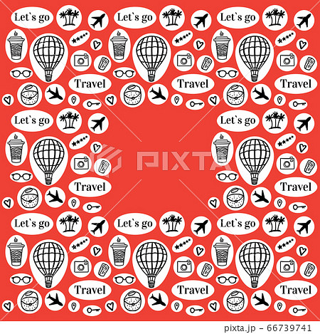 Lets go Travel card with border fashion style. Vector frame with traveling icons. Black Hand drawn illustration on red background. 66739741