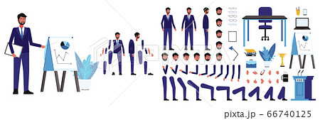 Set of figures and body, head and arms, legs and faces of a male ceo businessman for animation. 66740125