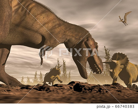 Tyrannosaurus roaring at triceratops - 3D render Tyrannosaurus roaring at triceratops - 3D render 66740383