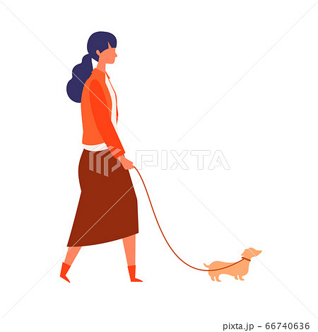 秋の装いで犬の散歩をする女性のおしゃれなイメージイラストのイラスト素材